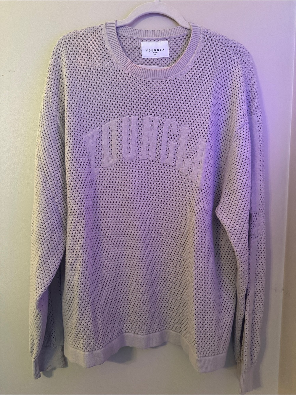 YoungLA Cream Open-Knit Crewneck Sweater with Textured Logo